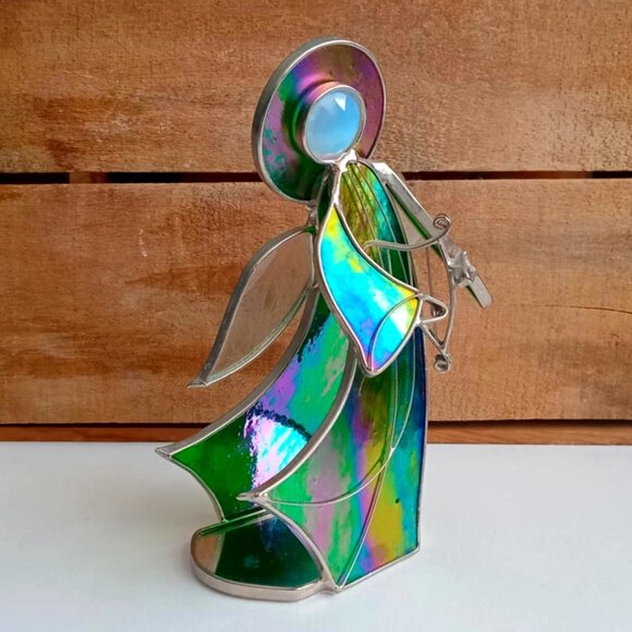 Vintage Stained Glass Green Angel + Harp Figurine, 3D Art, Christmas Nativity De - Picture 1 of 9
